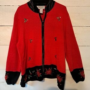Tiara International Christmas Collec. Red Sweater Poinsettia Mistletoe Size XL